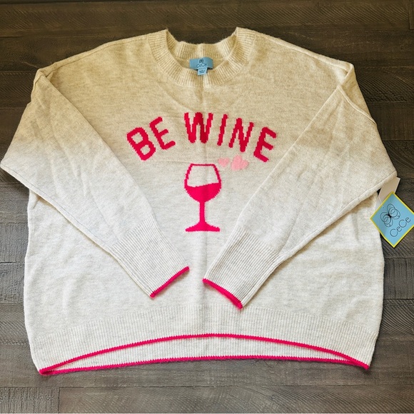 CeCe Cream Sweater with Pink Wine Motif - Picture 2 of 8